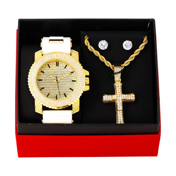 Watch and 2 Layer Cross Pendant Necklace with Earrings Gift Set - W1K-102
