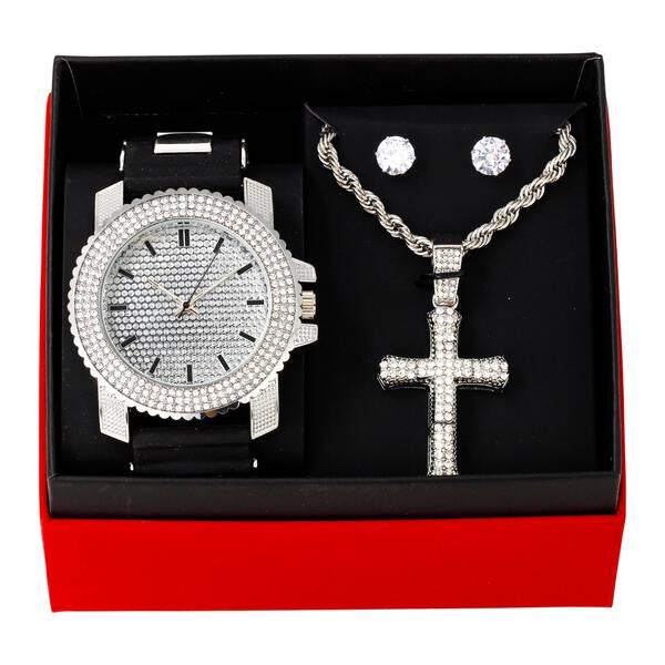 Watch and 2 Layer Cross Pendant Necklace with Earrings Gift Set - W1K-102