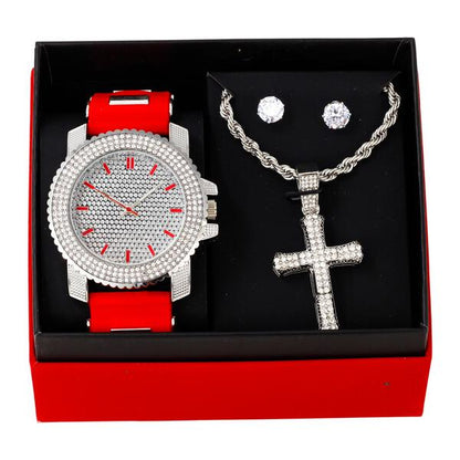 Watch and 2 Layer Cross Pendant Necklace with Earrings Gift Set - W1K-102