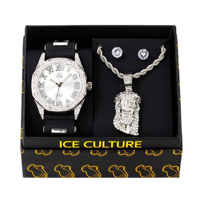 Watch and Classic Jesus Necklace with Earrings Gift Set - W1K-105