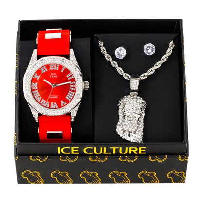 Watch and Classic Jesus Necklace with Earrings Gift Set - W1K-105