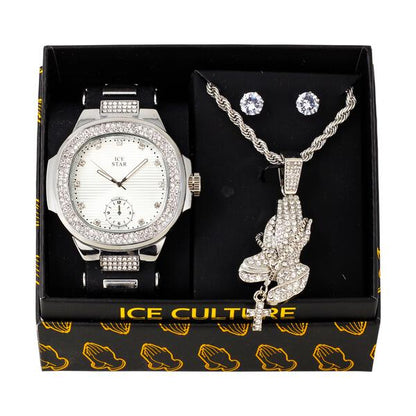 Watch and Prayers on Prayers Necklace with Earrings Gift Set - W1K-106