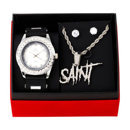 Watch and Saint Necklace with Earrings Gift Set - W1K-112