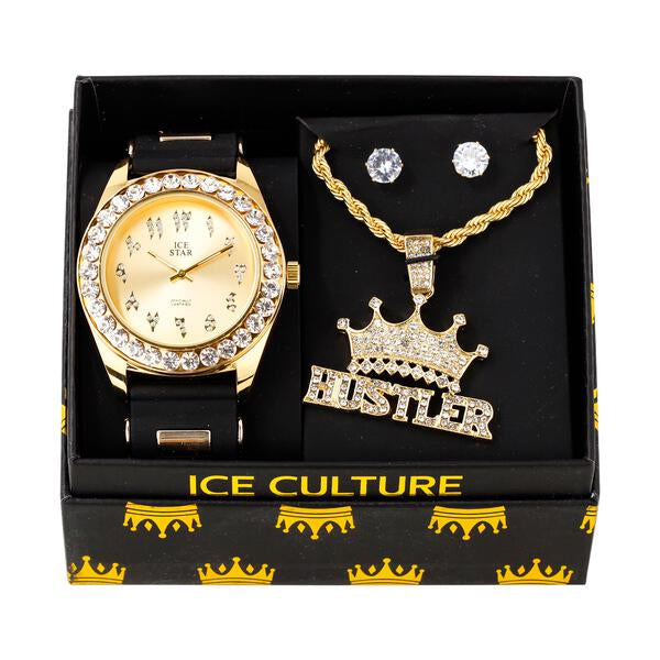 Watch and Hustler Necklace with Earrings Gift Set - W1K-113