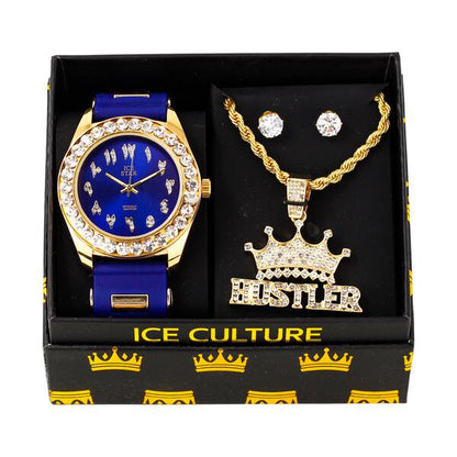 Watch and Hustler Necklace with Earrings Gift Set - W1K-113