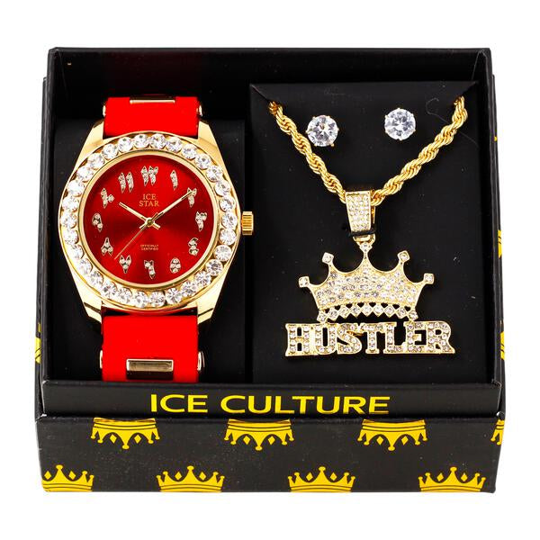 Watch and Hustler Necklace with Earrings Gift Set - W1K-113