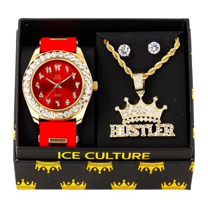 Watch and Hustler Necklace with Earrings Gift Set - W1K-113