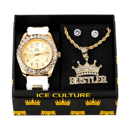 Watch and Hustler Necklace with Earrings Gift Set - W1K-113