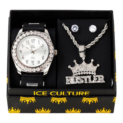 Watch and Hustler Necklace with Earrings Gift Set - W1K-113