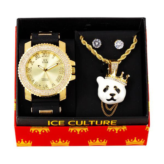 Watch and Panda King Necklace with Earrings Gift Set - W1K-114