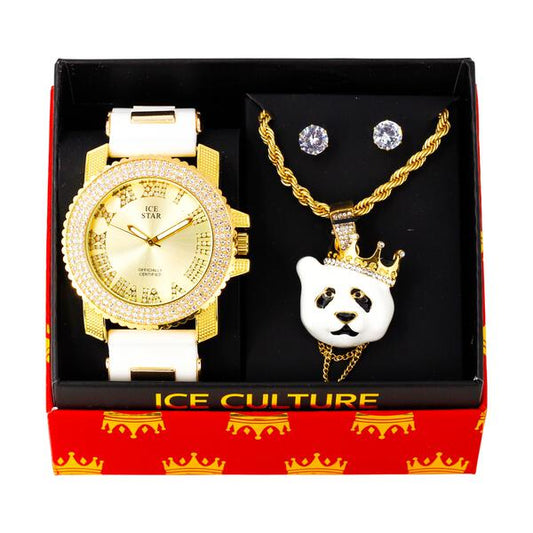 Watch and Panda King Necklace with Earrings Gift Set - W1K-114