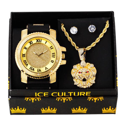 Watch and Lion Necklace with Earrings Gift Set - W1K-115