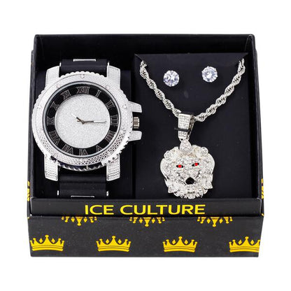 Watch and Lion Necklace with Earrings Gift Set - W1K-115