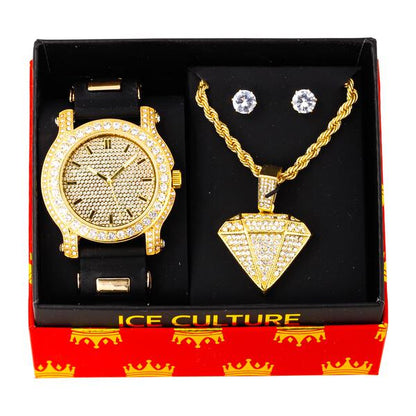 Watch and King of Diamonds Necklace with Earrings Gift Set - W1K-116