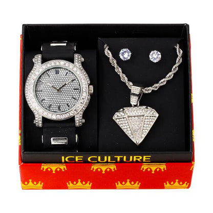 Watch and King of Diamonds Necklace with Earrings Gift Set - W1K-116