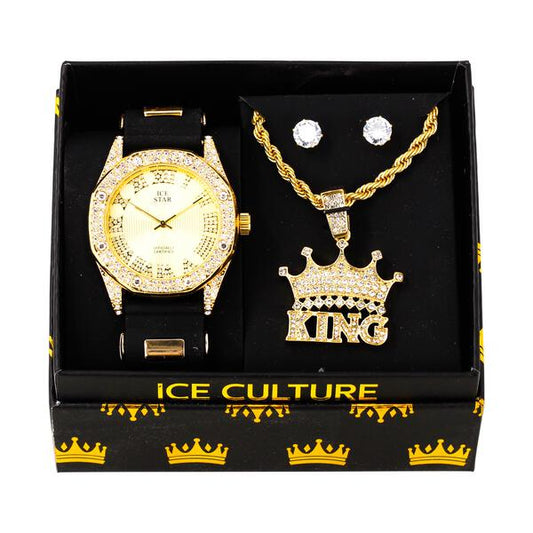 Watch and King Crown Necklace with Earrings Gift Set - W1K-117