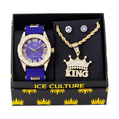 Watch and King Crown Necklace with Earrings Gift Set - W1K-117