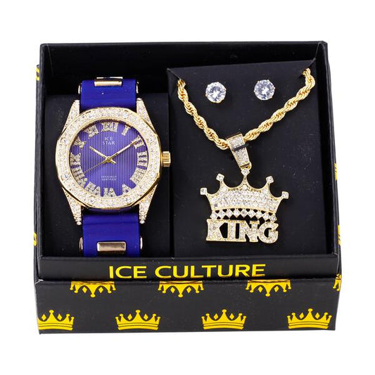 Watch and King Crown Necklace with Earrings Gift Set - W1K-117