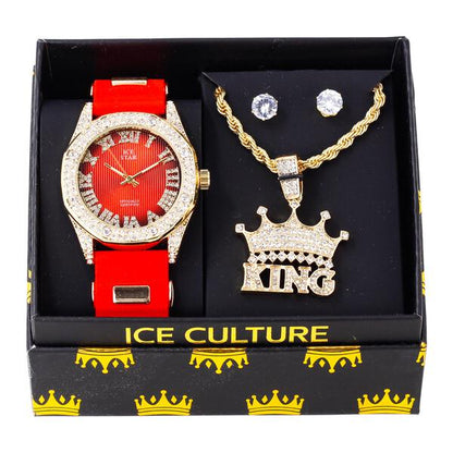 Watch and King Crown Necklace with Earrings Gift Set - W1K-117