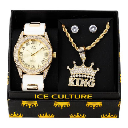 Watch and King Crown Necklace with Earrings Gift Set - W1K-117
