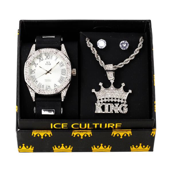 Watch and King Crown Necklace with Earrings Gift Set - W1K-117
