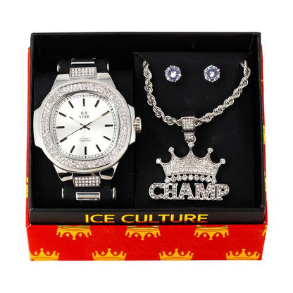 Watch and Champ Necklace with Earrings Gift Set - W1K-118