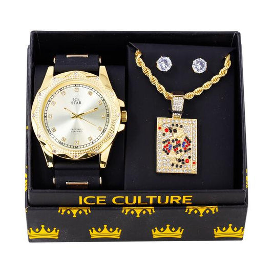 Watch and King Card Necklace with Earrings Gift Set - W1K-119