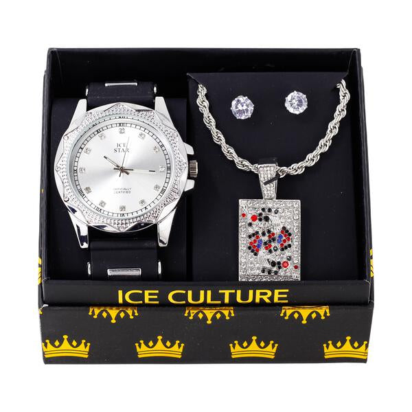 Watch and King Card Necklace with Earrings Gift Set - W1K-119