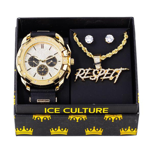 Watch and RESPECT Necklace with Earrings Gift Set - W1K-121