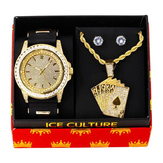 Watch and Playing card Necklace with Earrings Gift Set - W1K-122
