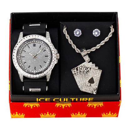 Watch and Playing card Necklace with Earrings Gift Set - W1K-122