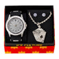 Watch and Playing card Necklace with Earrings Gift Set - W1K-122
