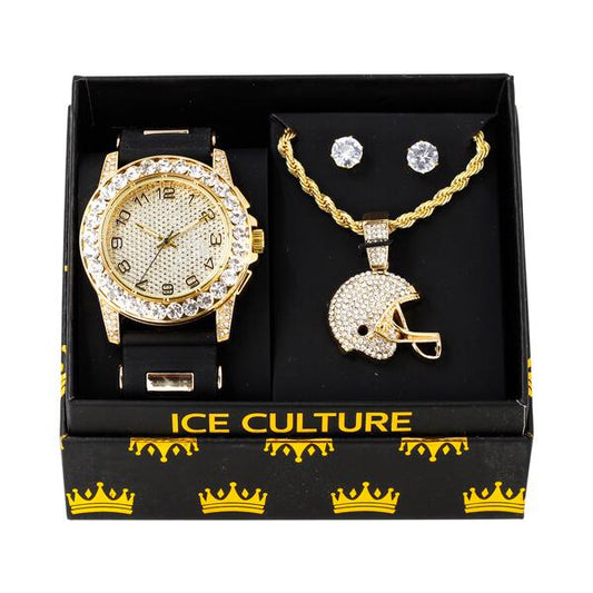 Watch and Football Helmet Necklace with Earrings Gift Set - W1K-123