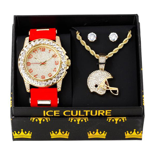 Watch and Football Helmet Necklace with Earrings Gift Set - W1K-123