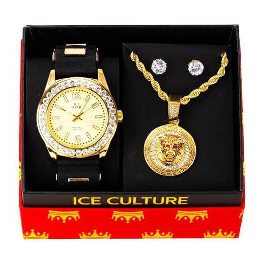 Watch and Loin Medallion Necklace with Earrings Gift Set - W1K-124