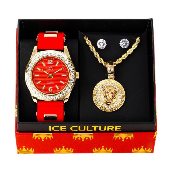 Watch and Loin Medallion Necklace with Earrings Gift Set - W1K-124