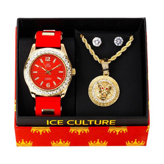 Watch and Loin Medallion Necklace with Earrings Gift Set - W1K-124