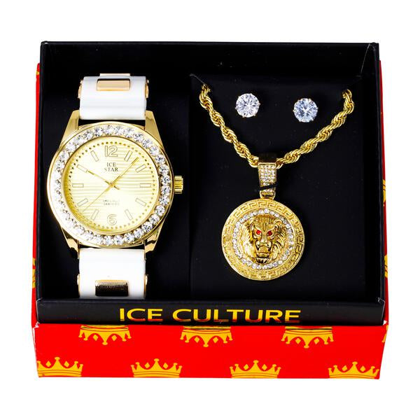 Watch and Loin Medallion Necklace with Earrings Gift Set - W1K-124