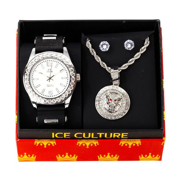 Watch and Loin Medallion Necklace with Earrings Gift Set - W1K-124