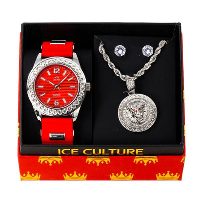 Watch and Loin Medallion Necklace with Earrings Gift Set - W1K-124