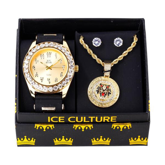 Watch and Tiger Medallion Necklace with Earrings Gift Set - W1K-125