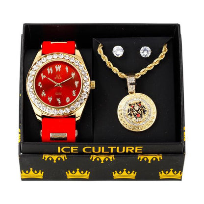 Watch and Tiger Medallion Necklace with Earrings Gift Set - W1K-125