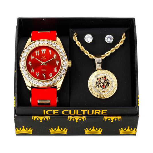 Watch and Tiger Medallion Necklace with Earrings Gift Set - W1K-125