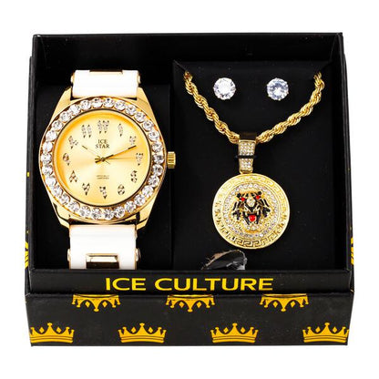 Watch and Tiger Medallion Necklace with Earrings Gift Set - W1K-125