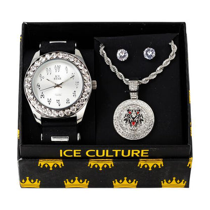 Watch and Tiger Medallion Necklace with Earrings Gift Set - W1K-125