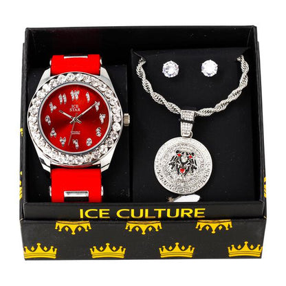 Watch and Tiger Medallion Necklace with Earrings Gift Set - W1K-125