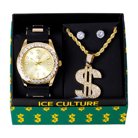 Watch and Dollar Necklace with Earrings Gift Set - W1K-137