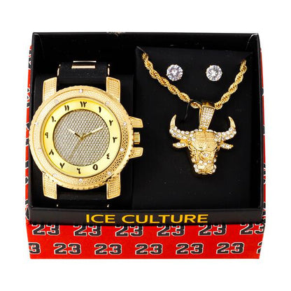 Watch and Angry Bull Necklace with Earrings Gift Set - W1K-140