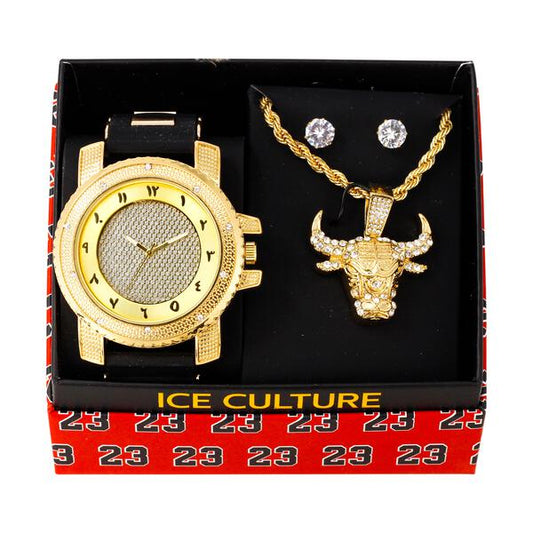Watch and Angry Bull Necklace with Earrings Gift Set - W1K-140