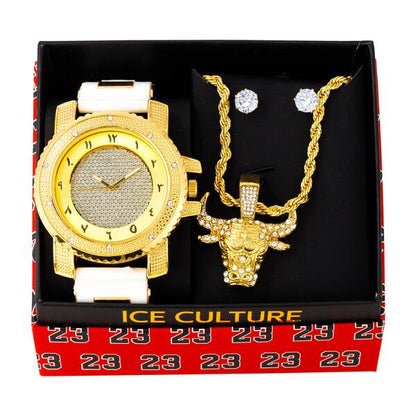 Watch and Angry Bull Necklace with Earrings Gift Set - W1K-140